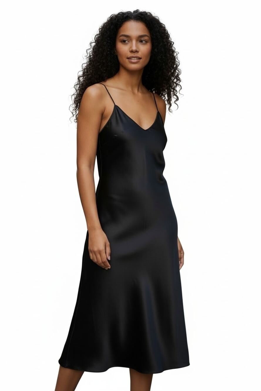 A New Day Black Satin Midi Slip Dress Size Medium V Neck Spaghetti Strap